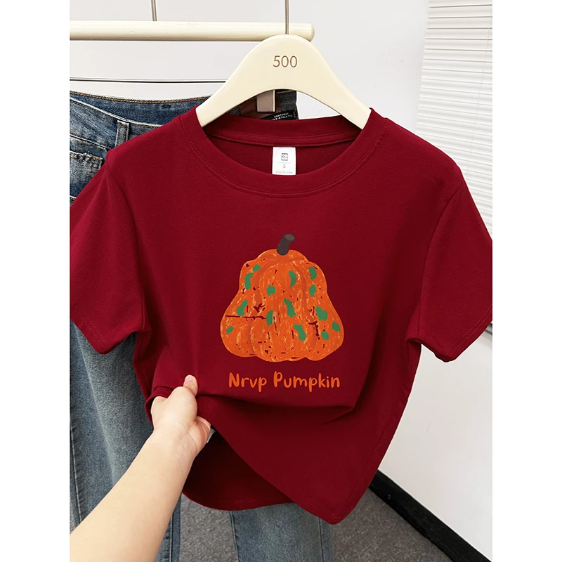 南瓜印花圆领短袖T恤胖mm大码女装显瘦款正肩时尚半袖上衣夏新款