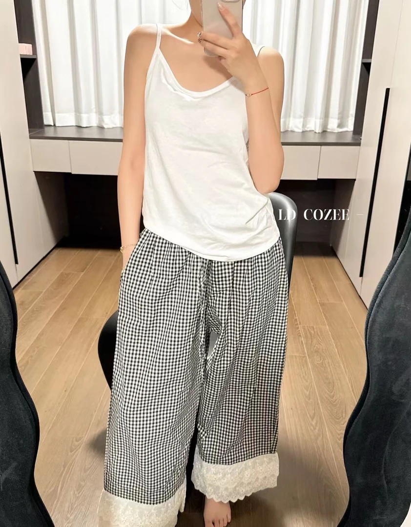 黑白格子高腰蕾丝花边九分直筒阔腿女裤夏季可家居可外穿休闲显瘦