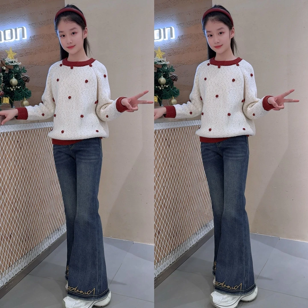 女童冬季保暖休闲加绒牛仔裤圆点毛衣套装儿童洋气针织时尚打底
