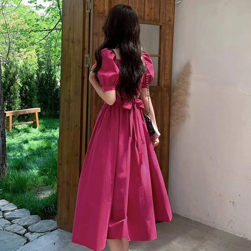 法式方领系带收腰连衣裙女夏a字蝴蝶结泡泡袖气质显瘦长裙D1396