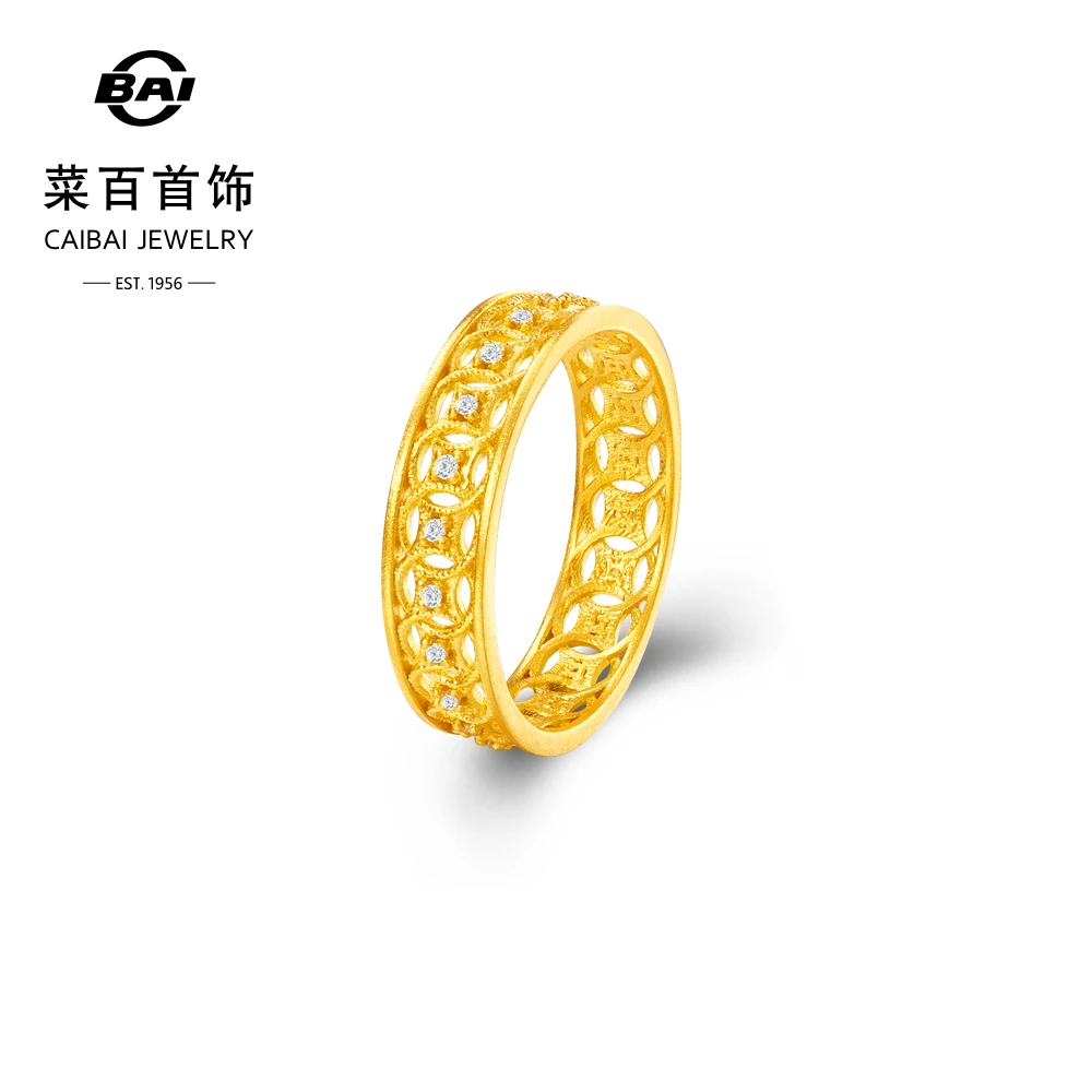 菜百首饰黄金镶钻戒指新款足金镂空指环百搭手饰计价