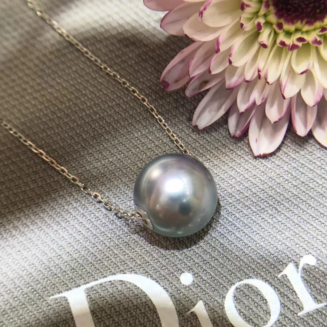 大溪地铂金灰路路通项链18k金镶嵌11-12mm