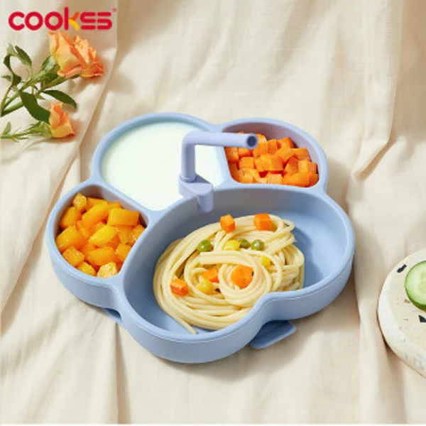 【妈妈推荐】COOKSS宝宝硅胶吸盘式分格餐盘一体式防摔辅食碗防烫