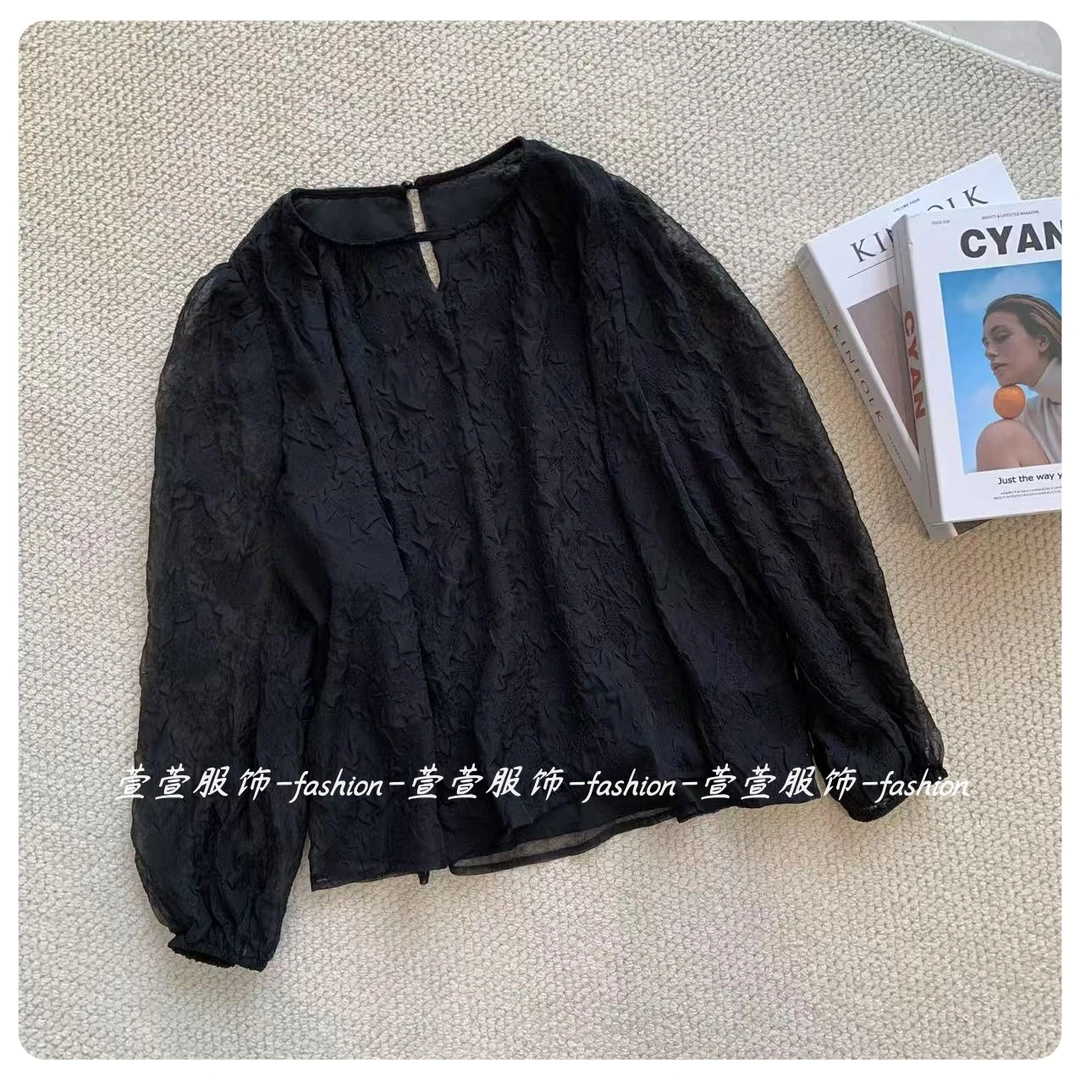 【萱萱服饰】CS547春季新款简约气质百搭纯色高级感长袖衬衫圆领女