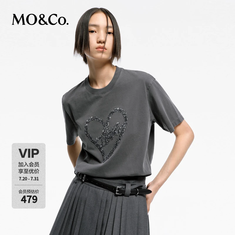 MOCO春季爱心珠片绣套色脏染棉质短袖圆领T恤MBD1TEEK02