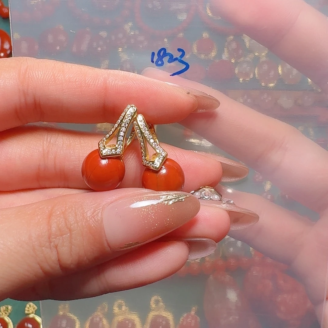 南红玛瑙银S925镶嵌耳饰