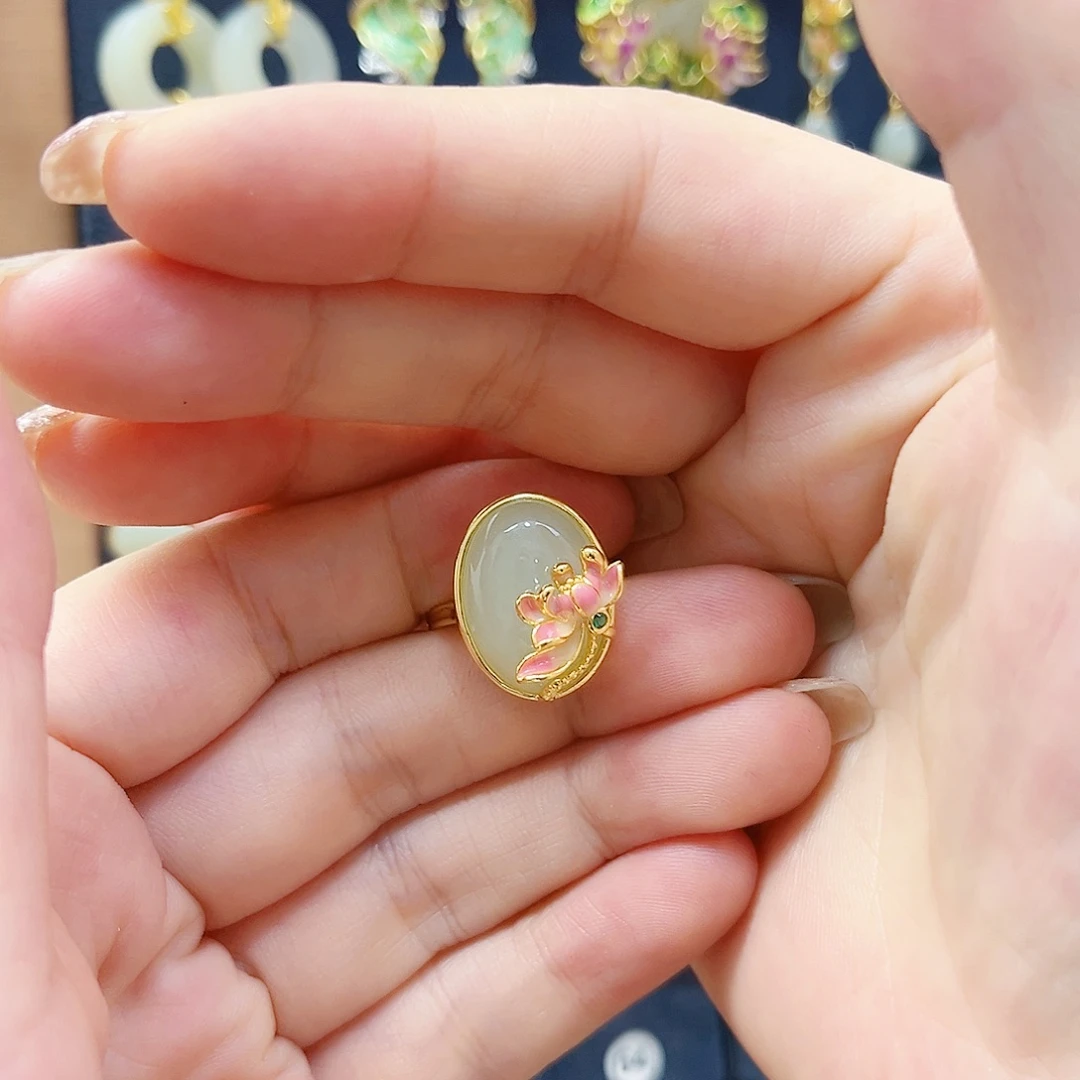 和田玉银S925镀金镶嵌戒指