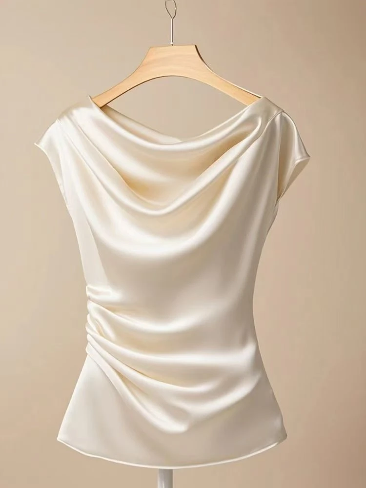 法式一字肩荡领缎面上衣女士夏季新款短袖衬衫褶皱设计感收腰小衫