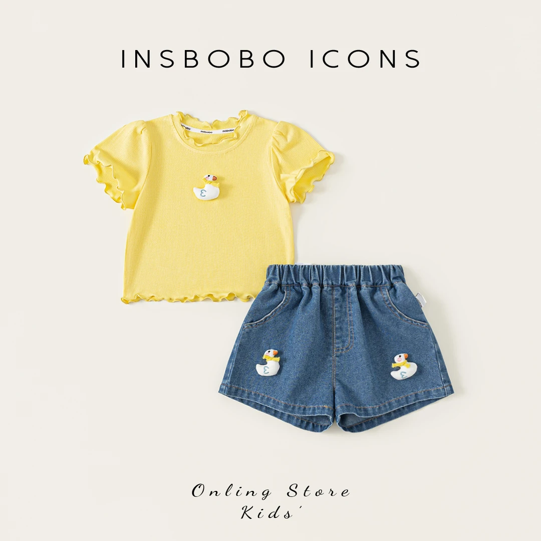 INSbobo儿童套装木耳边领口立体装饰短袖松紧腰牛仔短裤XT25300
