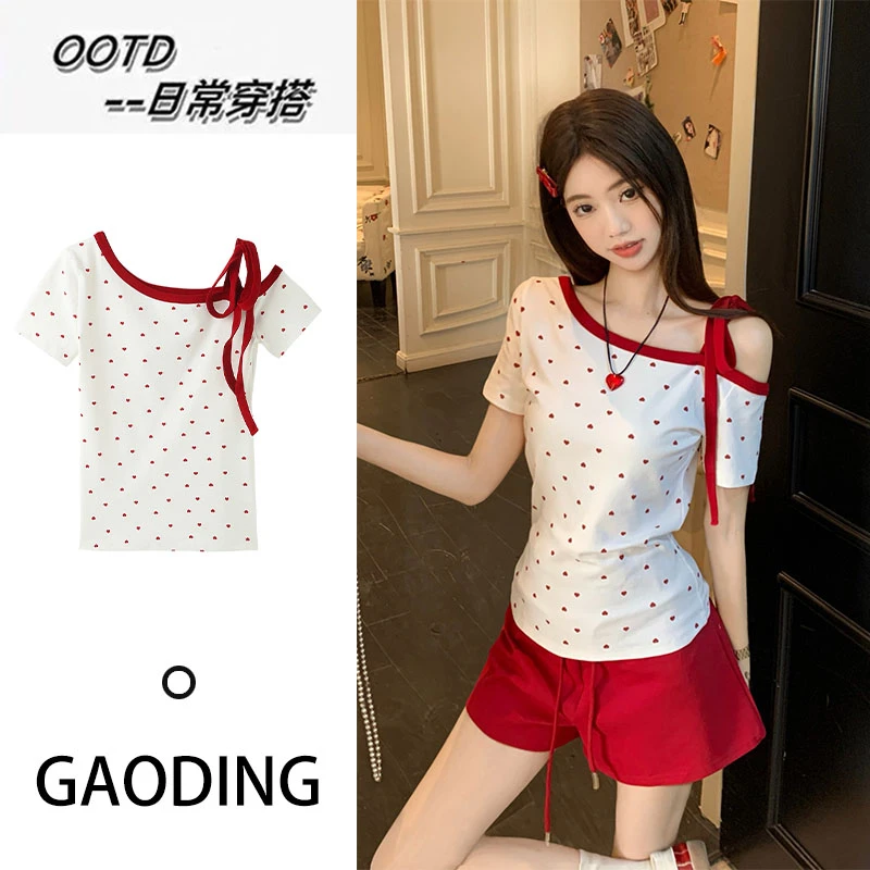 甜辣妹爱心印花斜肩短袖t恤夏季新款绑带小众设计感修身显瘦上衣