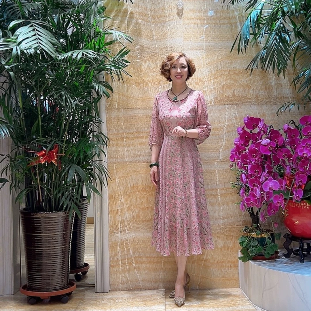 女装连衣裙583优雅气质樱花粉色碎花时尚修身显瘦复古夏季法式