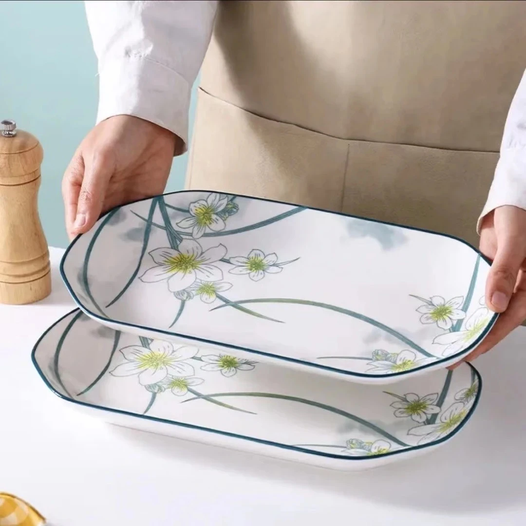 鱼盘两只12英寸水仙花大鱼盘家用盘子长:30.8cm/宽:18cm/高:3.8cm