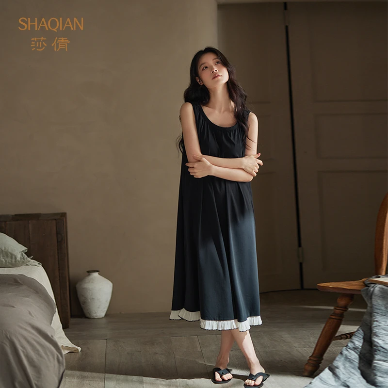 莎倩2025年新款夏季睡裙黑色莫代尔凉感背心女士睡衣可外穿家居服