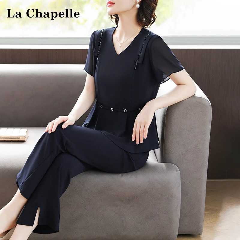 拉夏贝尔阔太太妈妈夏装雪纺套装中老年人女装夏季T恤短袖两件套