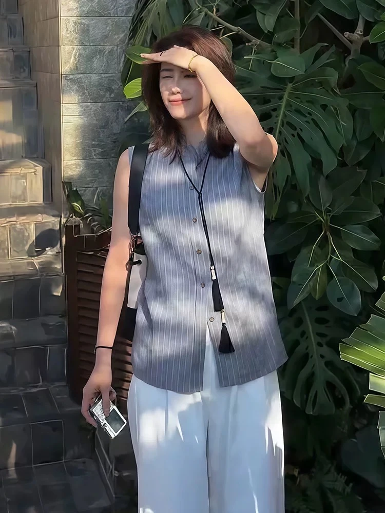 8983 无袖衬衫夏季新款韩版时尚气质翻领宽松显瘦休闲条纹纯色