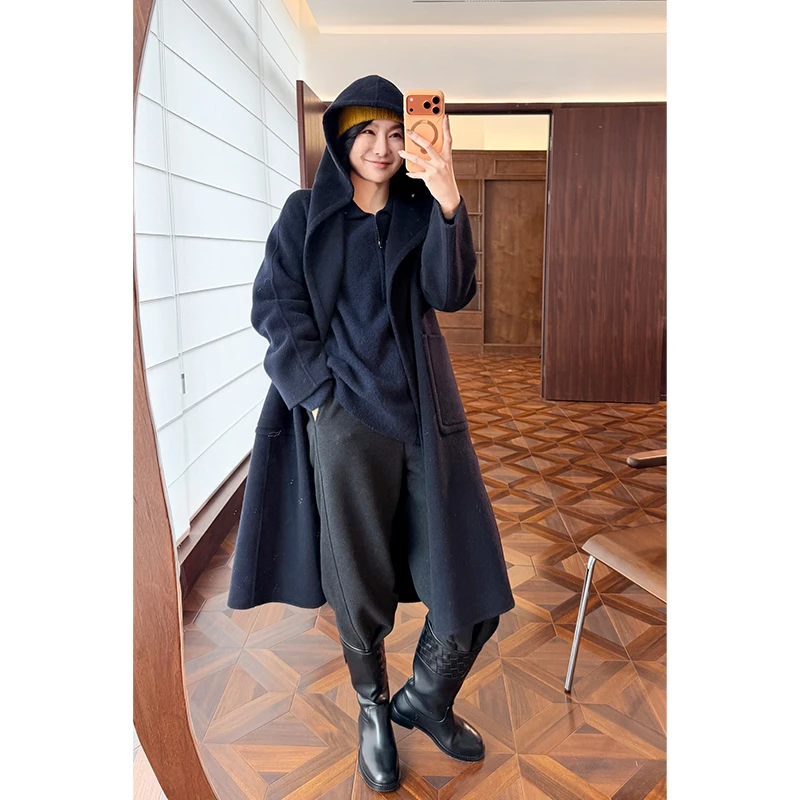 HERLAND她地 老钱风英伦毛呢外套长袖落肩袖中长款连帽女外套