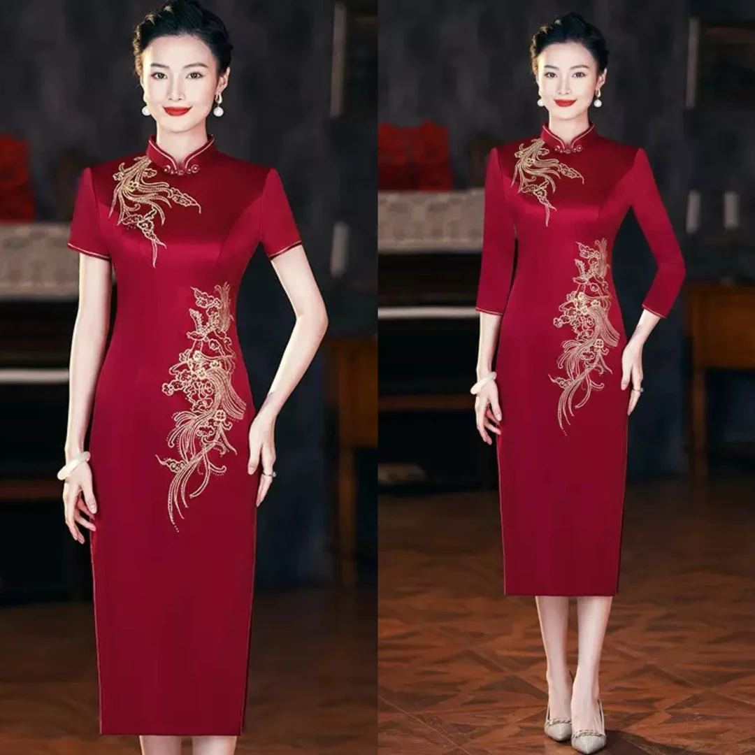 【正品苏绣】旗袍重磅三醋酸中长款喜婆婆喜妈妈婚宴礼服时尚气质N