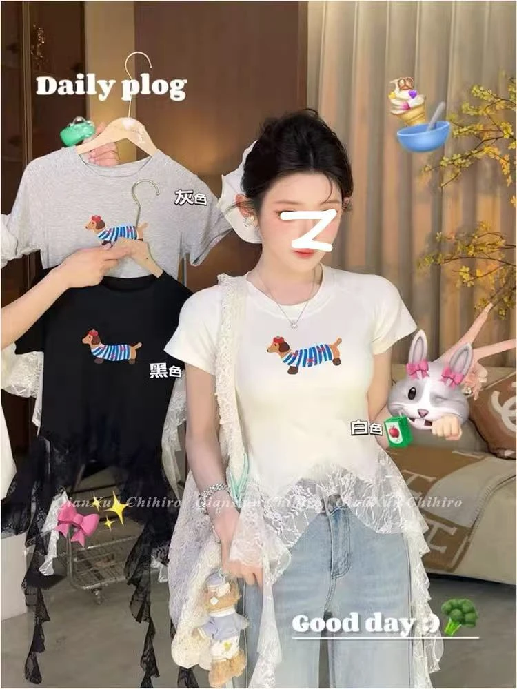 腊肠狗不规则设计感蕾丝拼接短袖T恤短款修身显瘦甜美上衣夏季