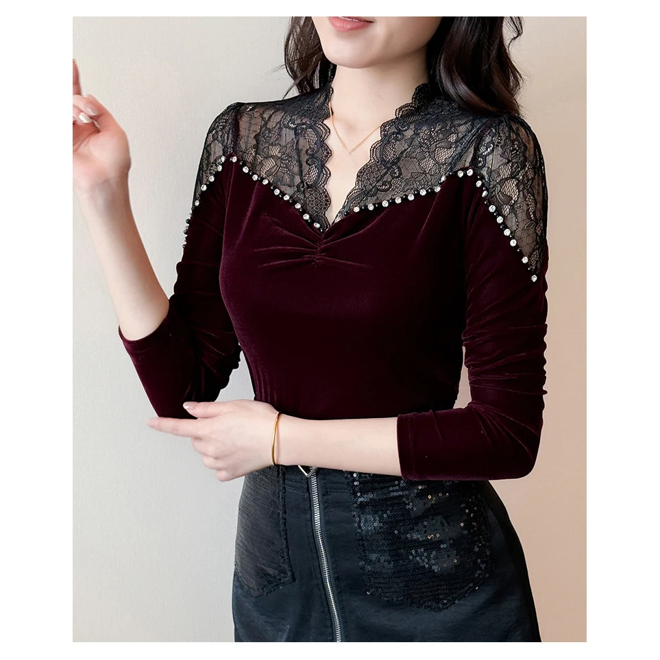 超柔丝绒蕾丝花边拼接长袖钉珠上衣洋气蕾丝衫修身打底衫时尚气质