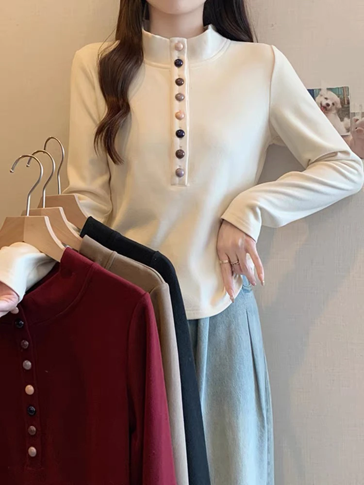 秋冬加绒加厚PoLo领彩扣小衫春秋显瘦长袖网红洋气百搭修身半高领