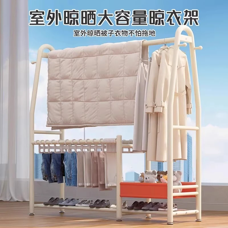 家用晾衣架落地立式双层衣帽架卧室挂衣架室内晾衣杆加粗晾晒衣架