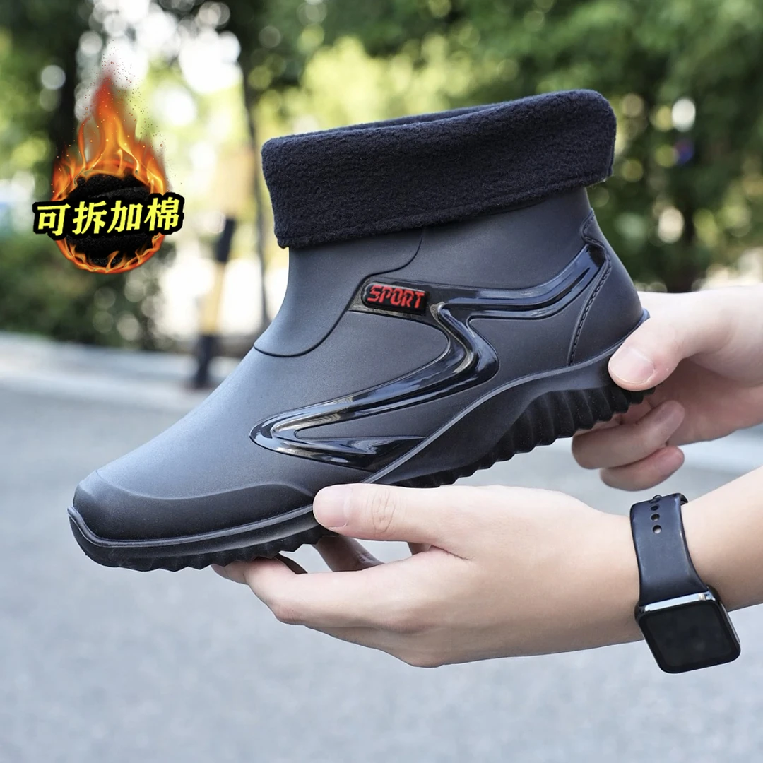 新款防水加棉保暖雨鞋男款防滑耐磨胶鞋工作劳保防水靴短筒钓鱼鞋