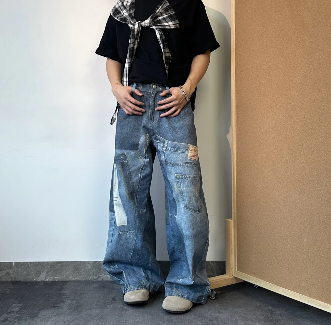 美式复古设计感补丁拼接印花弯刀牛仔裤男女宽松阔腿拖地长裤