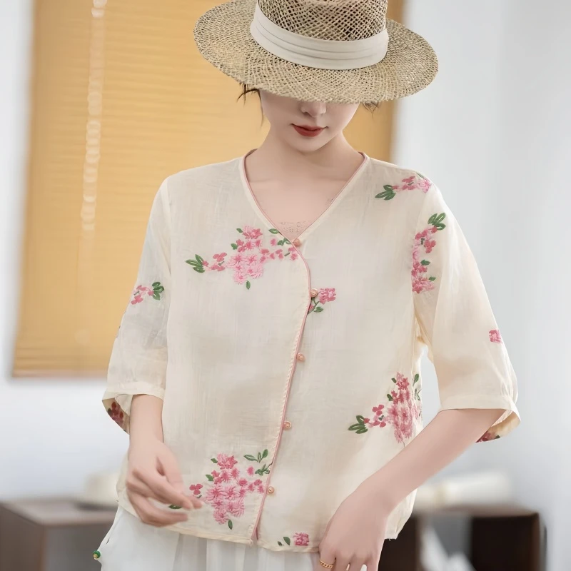 花朵单排多扣通勤成人衬衫印花气质小香风潮牌苎麻刺绣小衫