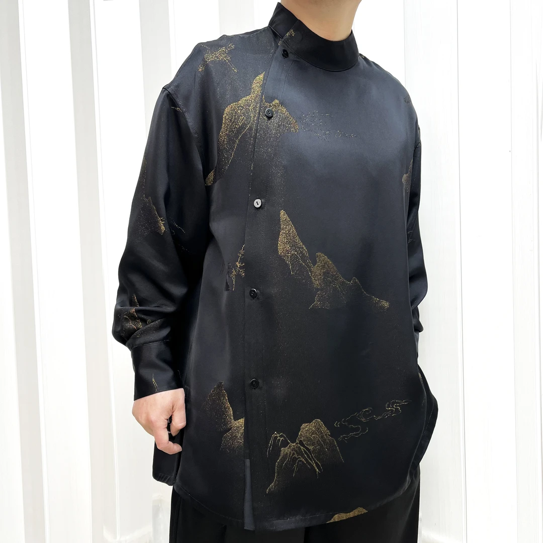 正娟长袖上衣时尚不起球春季男装长款中国风常规立领衬衫2503