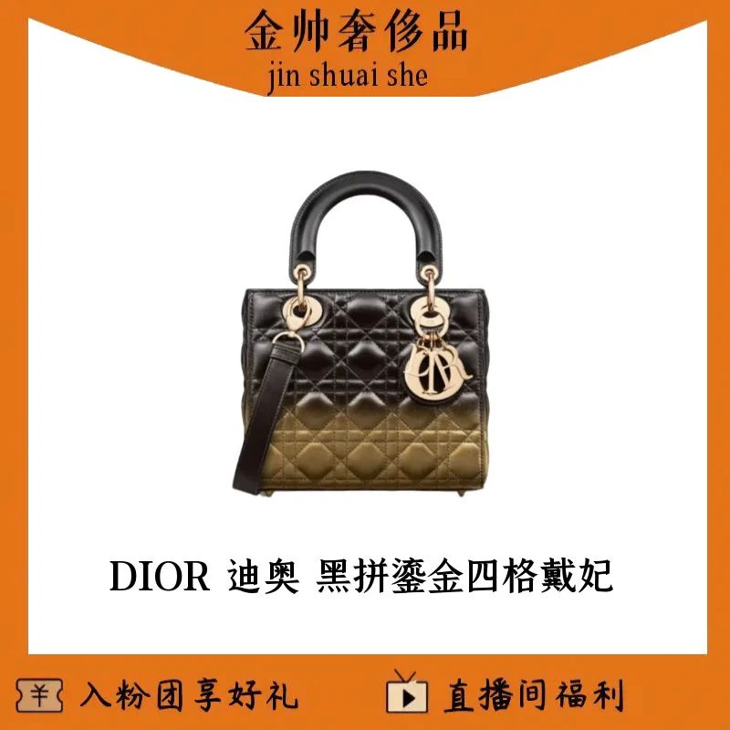 99新 DIOR/迪奥 黑拼鎏金/拼色/四格戴妃/手提包/单肩包B5372