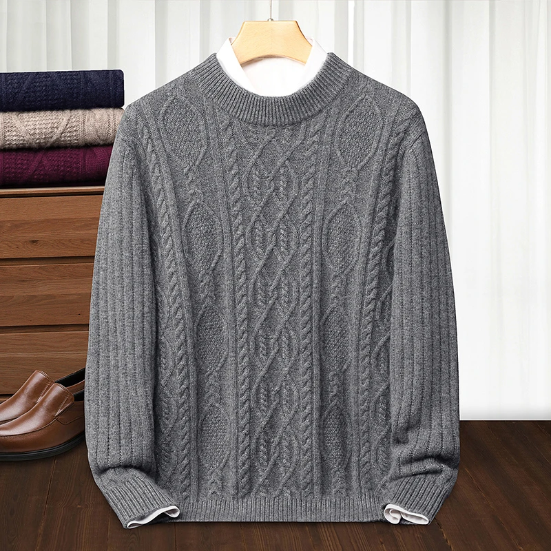 鄂尔多斯市产100%山羊绒男士高档纯羊绒衫冬季加厚保暖半高领毛衣