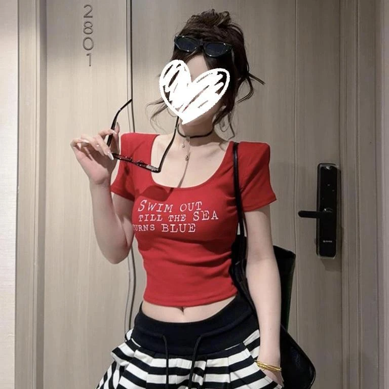 美式复古纯欲U领字母印花短袖T恤女2025夏新款辣妹修身上衣时尚