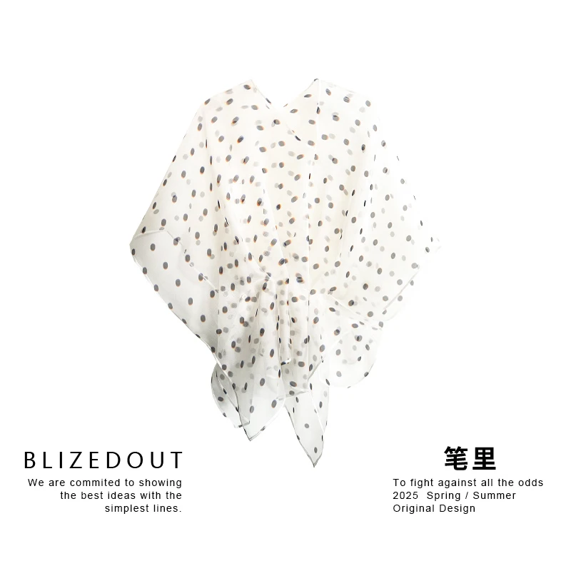 笔里【BLIZEDOUT】原创设计5072508白色叠影圆点收腰真丝衫套头衫