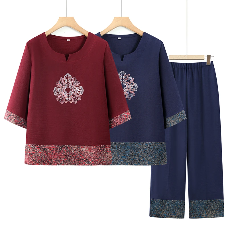 弹力中国风套装奶奶装中老年人女夏季薄款妈妈装高贵大码两件套