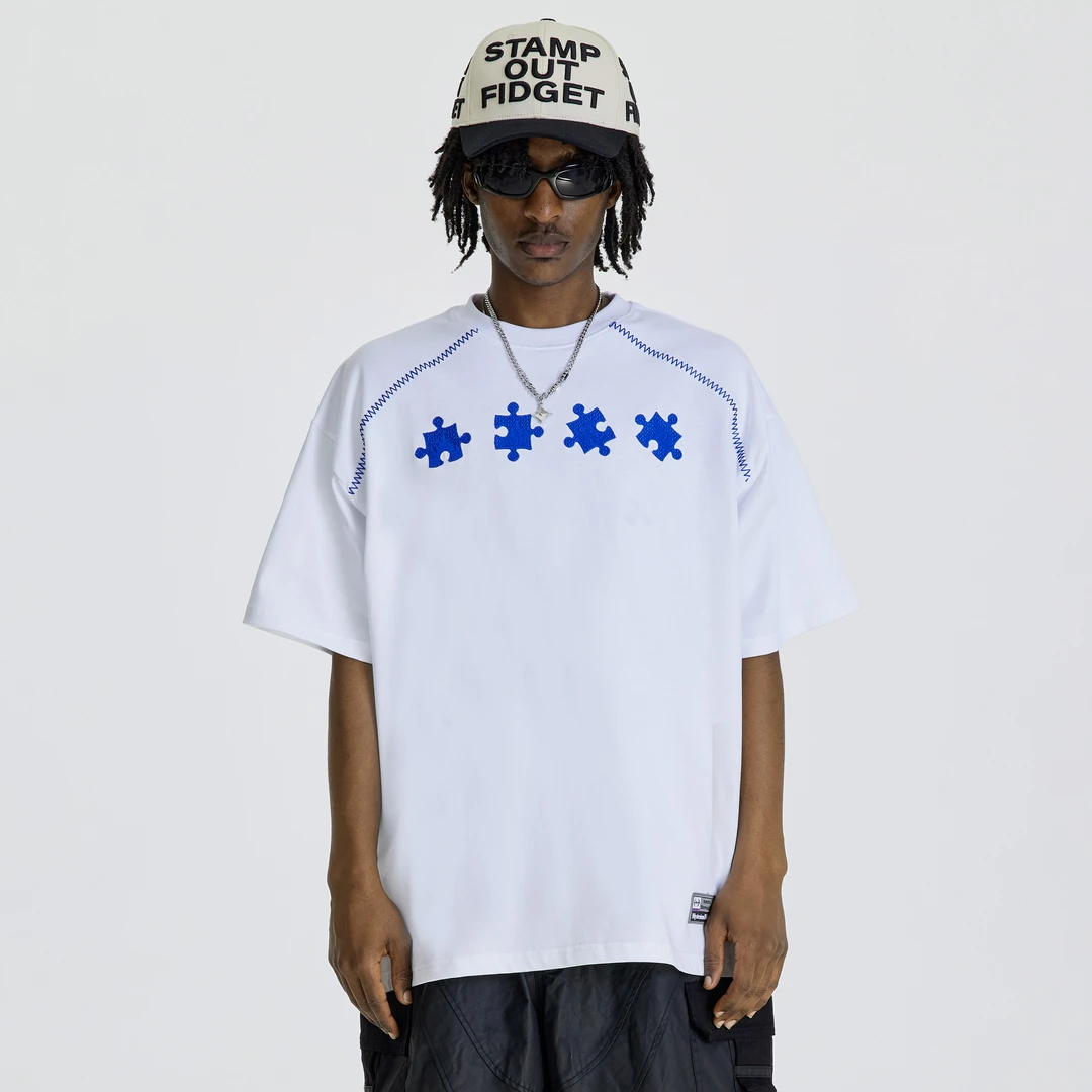 (NMK)火焰拼图重工绣花美式重磅宽松潮牌圆领白色短袖T恤男女夏季