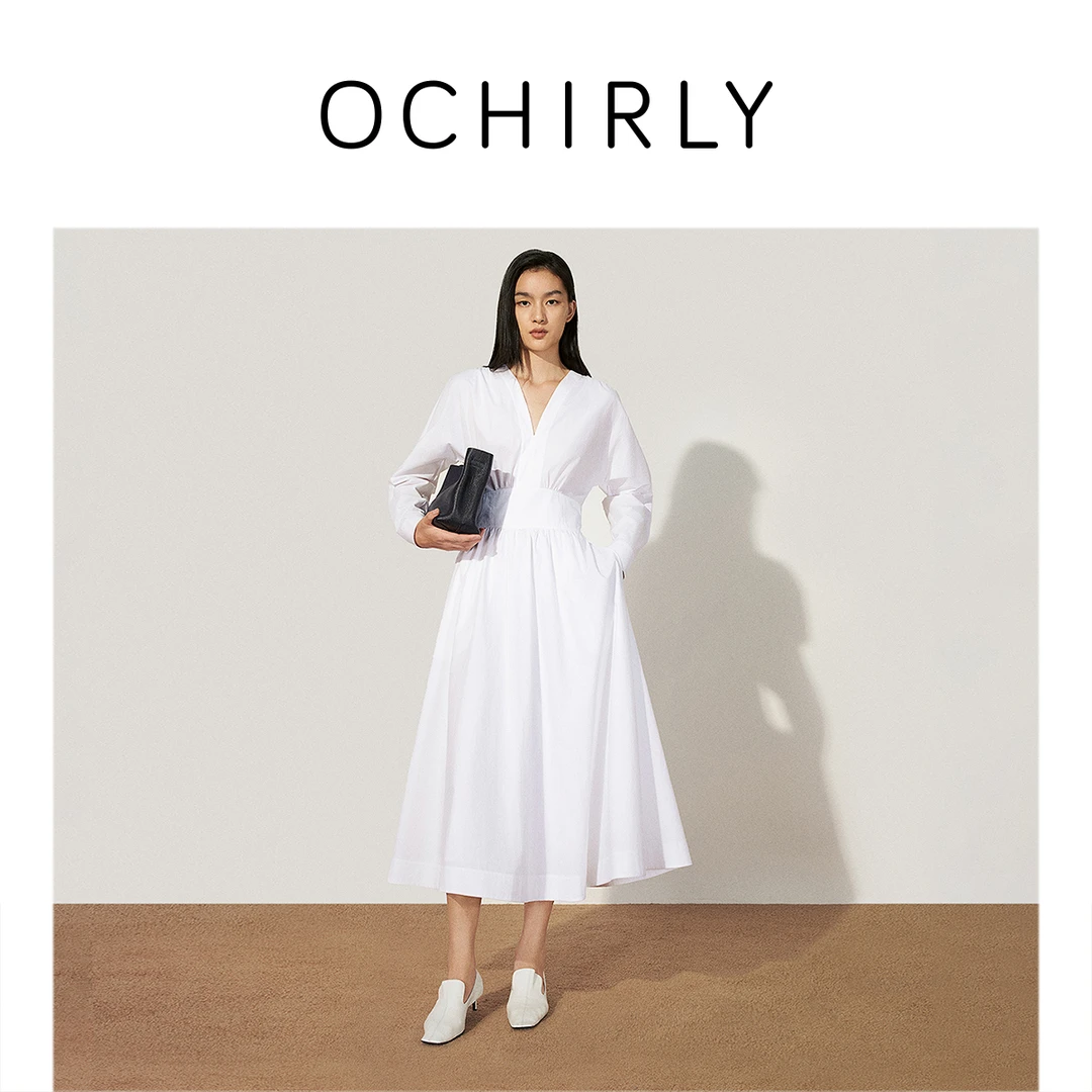 OCHIRLY欧时力全棉府绸V领连衣裙长款伞裙法式显瘦25春