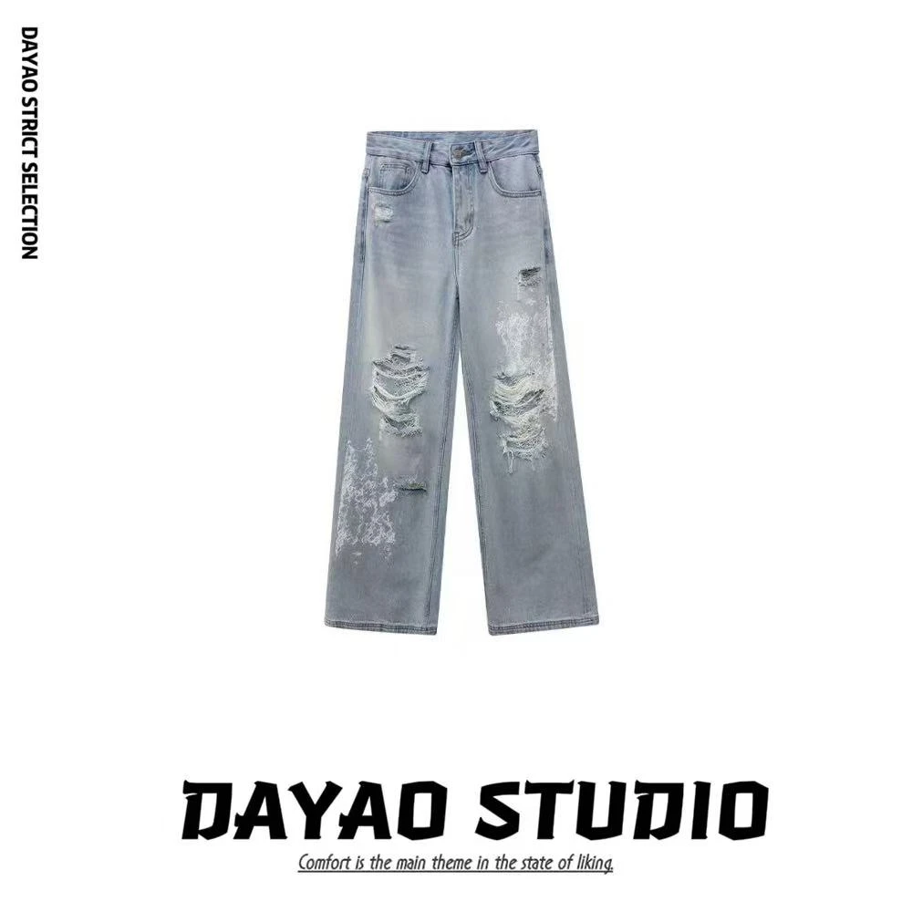 【no退no换】【星钻芭蕾】水洗带钻破洞蕾丝阔腿牛仔裤6691