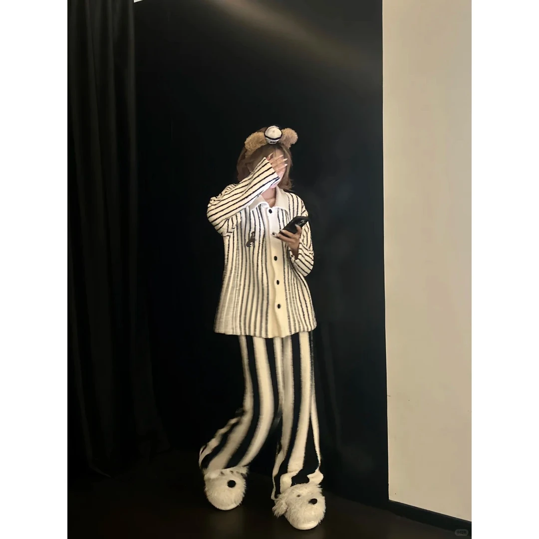 慵懒风撞色条纹针织半边绒睡衣女秋冬新款保暖长袖长裤家居服套装