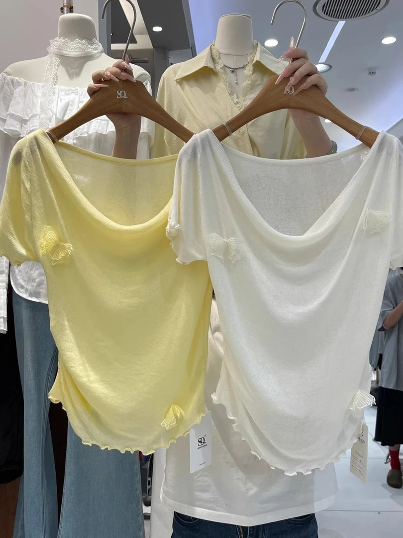 高端女装法式韩货蝴蝶结短袖荡领针织T恤衫鹅黄色上衣夏I1-53