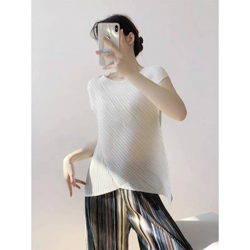 三宅基础褶皱上衣不规则对叠T恤宽松短袖女圆领修身时尚百搭小众