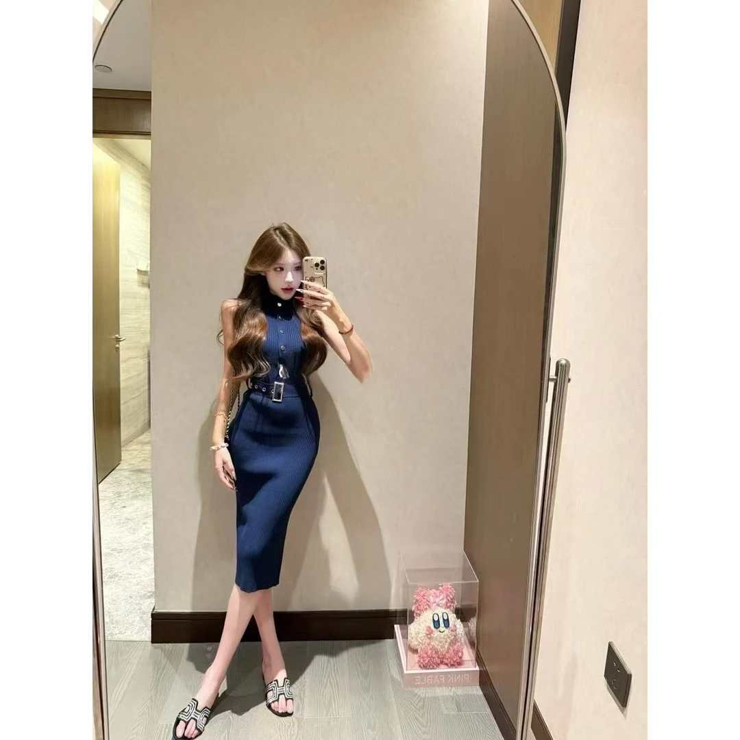 2025夏季新款韩系气质排扣腰带修身针织开衩长款连衣裙裙子