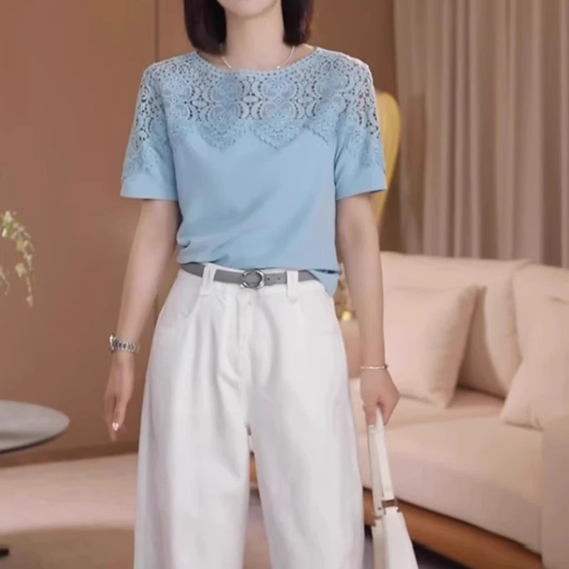 宽松显瘦别致百搭上衣2025夏季胖MM大码女装洋气蕾丝拼接短袖t恤