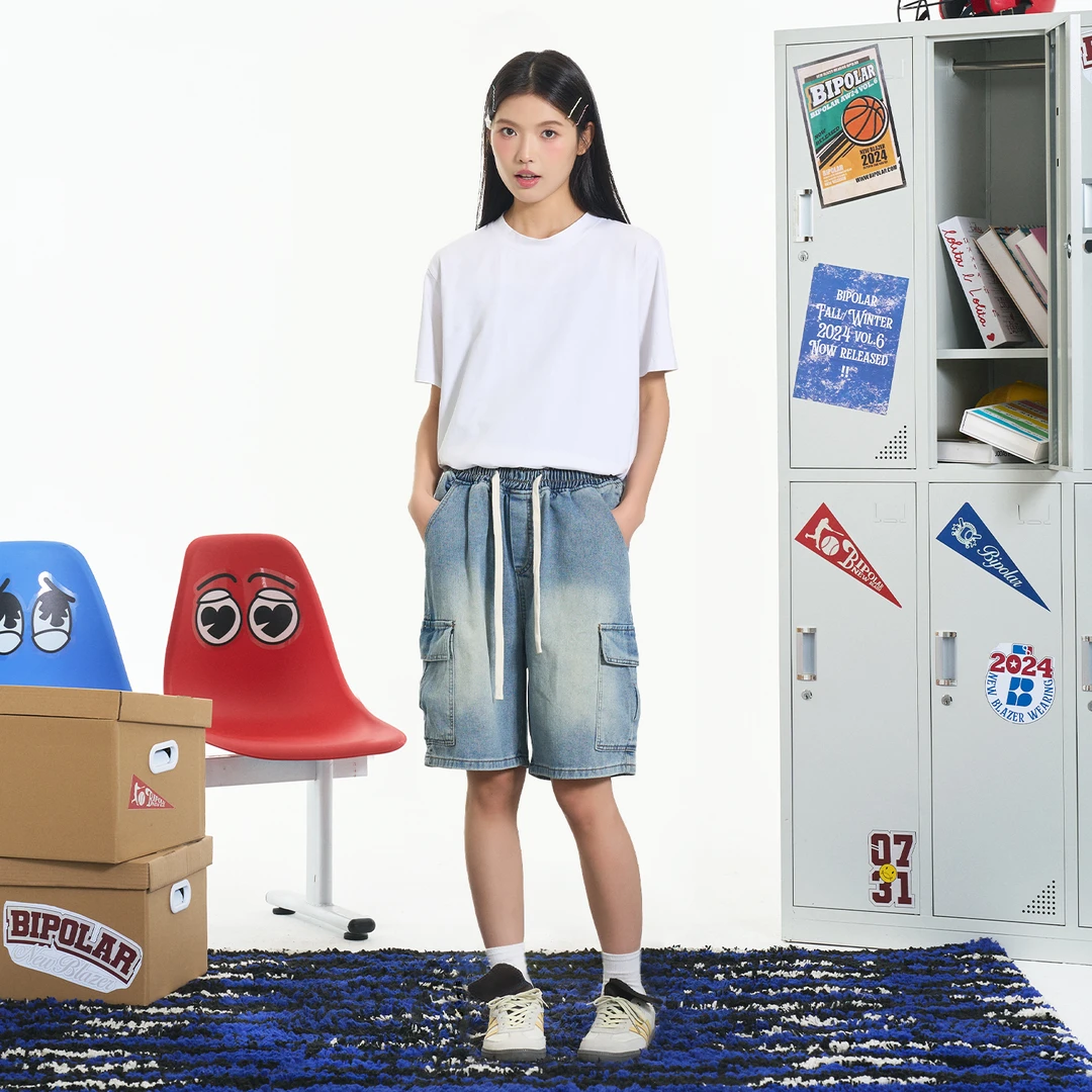 BIPOLAR半松紧工装口袋宽松复古国潮情侣牛仔裤 28Z102