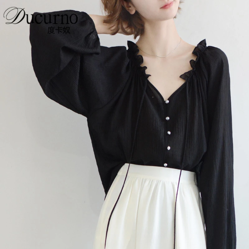 轻奢时尚花边绑带V领长袖宽松衬衫女 珍珠扣时髦上衣温柔甜美轻薄