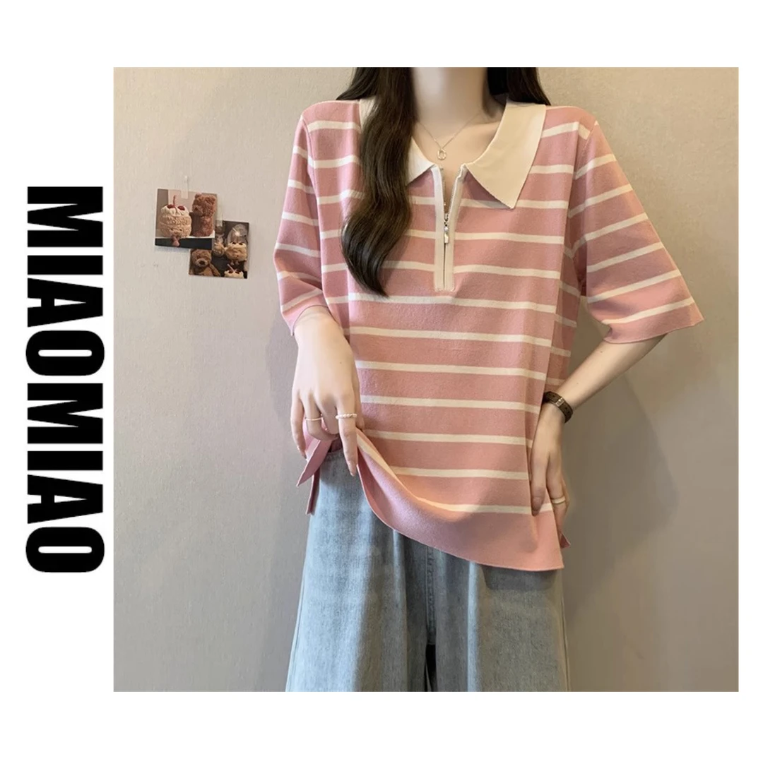 【大码】735粉色条纹polo领冰丝短袖T恤女夏胖mm宽松遮肚半拉链上衣