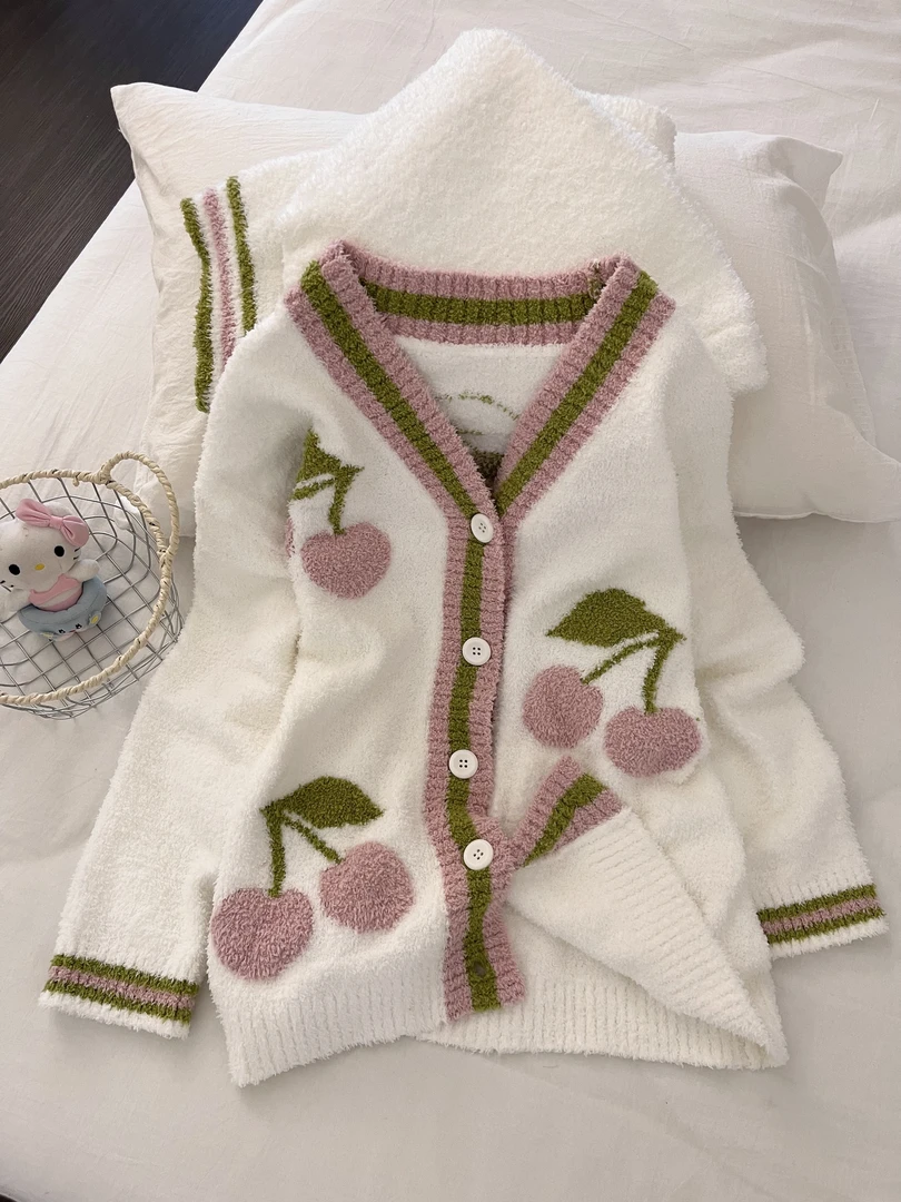 【DMXJ大梦想家】可爱樱桃半边绒睡衣女秋冬新款加厚针织慵懒风套装