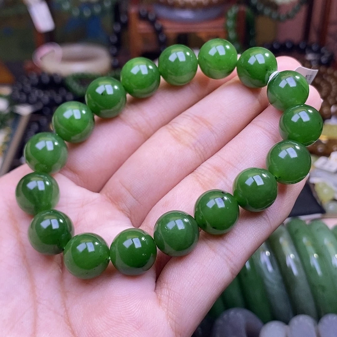 和田玉未镶嵌颈饰碧玉老矿料辣绿手串12mm