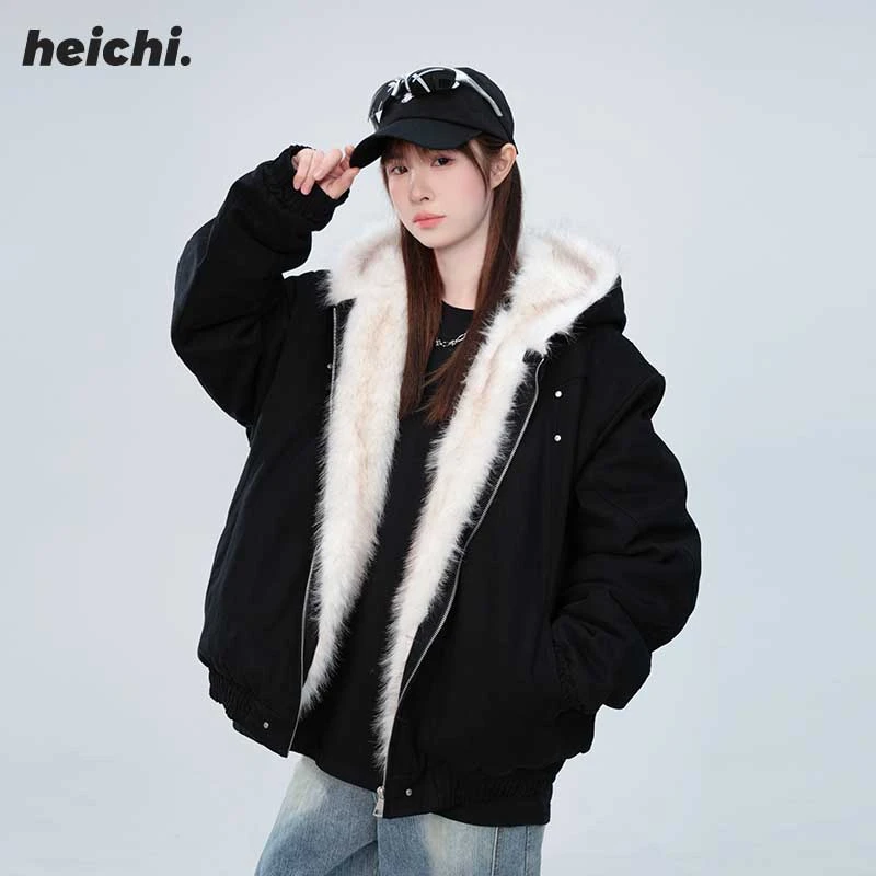 美式cleanfit座山雕连帽棉服男女2024冬季新款高级感毛绒加厚棉衣