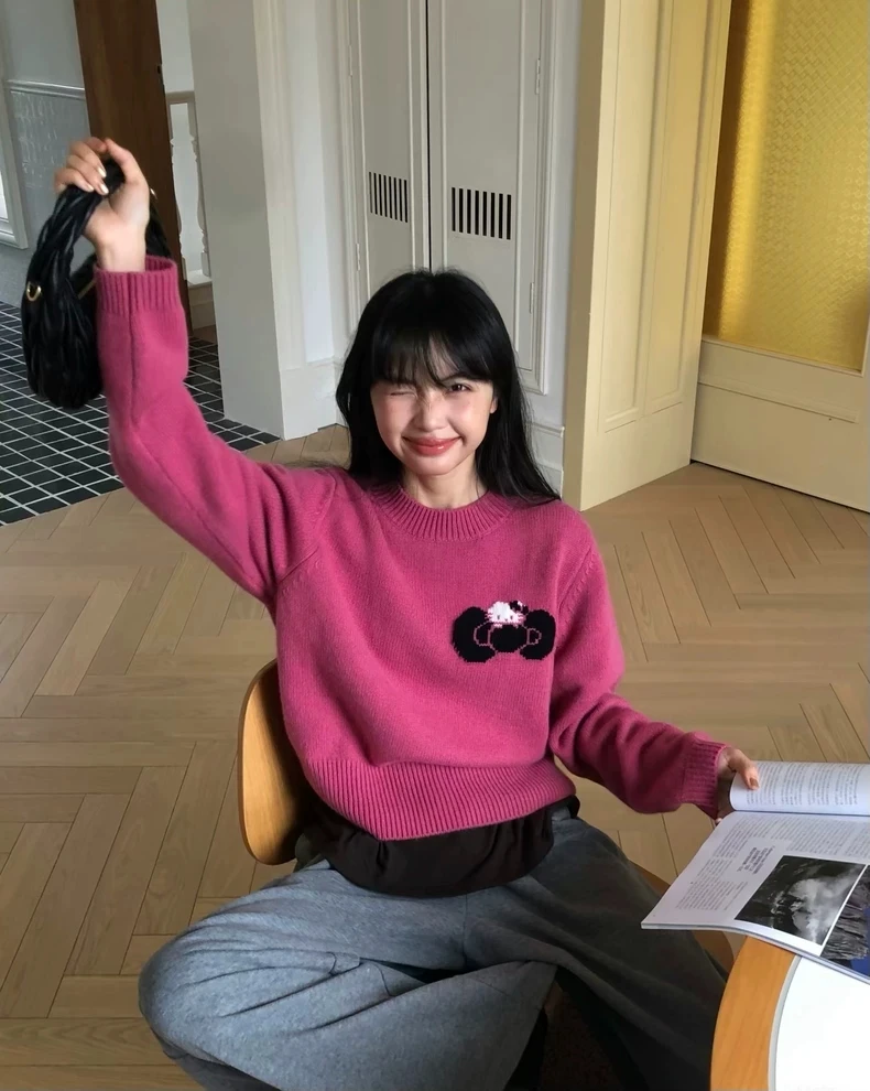韩系卡通猫咪蝴蝶结提花套头毛衣女秋冬季新款宽松短款针织衫上衣