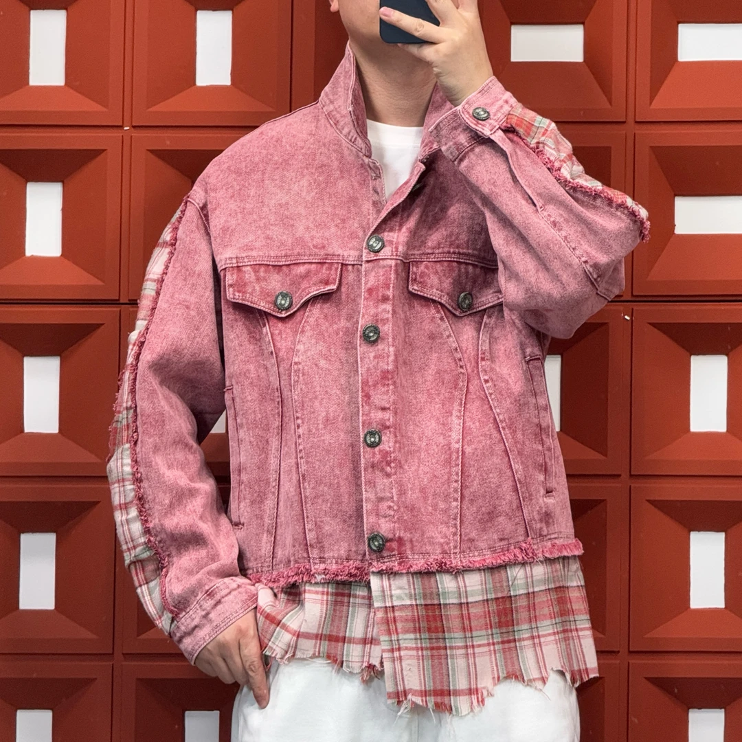 HK&NB x 朋克文化 春秋经典情侣复古拼接格纹做旧美学牛仔夹克